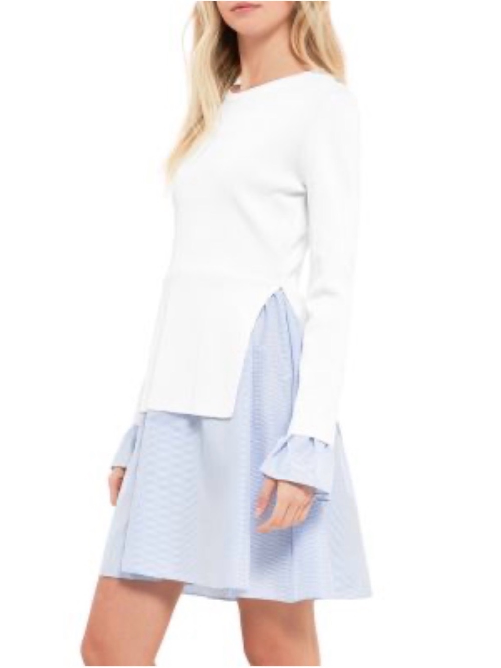 NWOT English Factory Mixed Media Knit Dress in blue and white poplin Size Small - Picture 3 of 7